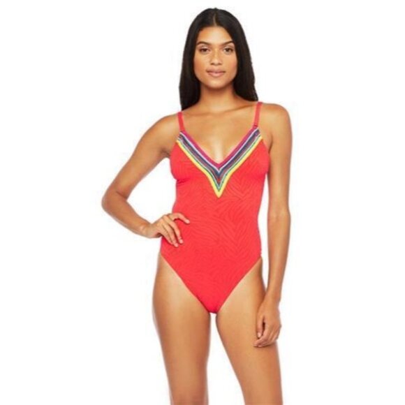 NWT Trina Turk SZ 8 POPPY ORANGE Zebra Plunge One Piece Swimsuit 93858 - Picture 1 of 2